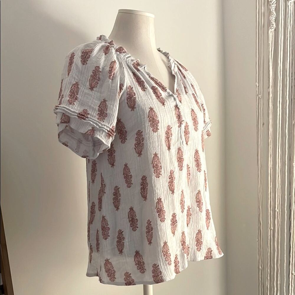 Wanderly Boho Peasant Top, Ruffled Neckline Fancy-Edged Sleeve | Size S - Picture 3 of 6
